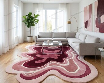 Blush Pink Abstract Organic Hand Tufted Wool Rug Sculptural Rose Burgundy Area Rug Contemporary Artistic Rug for Kids Room Nursery Area Rug