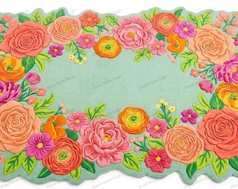 Hand Tufted Floral Garden Wool Rug Mint Green Botanical Area Rug Romantic Bloom Statement Rug for Bedroom Vanity Living Room Decor Area Rug