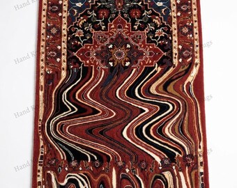 Hand Tufted Wool Melted Persian Inspired Area Rug in Deep Rust Red Black Ivory Abstract Drip Luxury Handmade Rug for Living Room Bedroom
