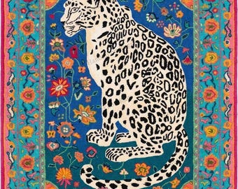 Hand Tufted Blue Leopard Floral Wool Rug Maximalist Jungle Inspired Area Vibrant Boho Statement Rug for Living Room Bedroom Creative Decor