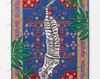 Hand Tufted Royal Blue Zebra Jungle Wool Rug Tropical Animal Print Area Rug Colorful Maximalist Statement Rug for Living Room Bedroom Decor