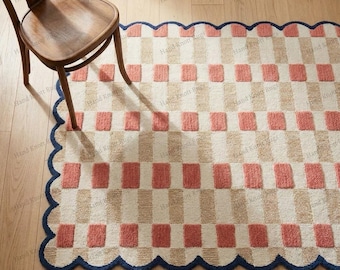 Hand Tufted Coral Check Scalloped Wool Rug Navy Border Modern Geometric Area Rug Ivory Textured Designer Rug for Playful Luxury Home Decor