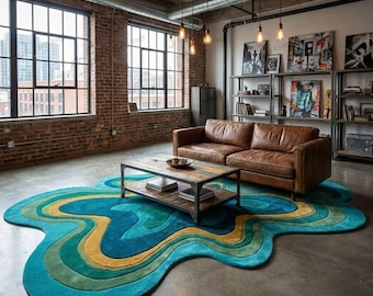 Ocean Depth Abstract Hand Tufted Wool Rug Teal Blue Green Organic Shape Area Rug Contemporary Sculptural Designer Rug for Luxury Custom Rug