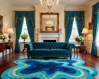 Hand Tufted Ocean Blue Abstract Organic Wool Rug Teal Aqua Contour Pattern Freeform Rug Luxury Statement Rug for Living Room Bedroom Decor