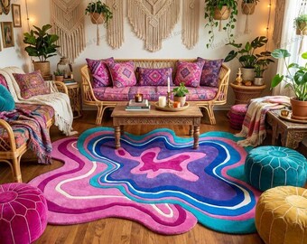 Retro Pop Abstract Hand Tufted Wool Rug Vibrant Pink Purple Teal Organic Shape Rug Funky Contemporary Statement Rug for Artistic Interior