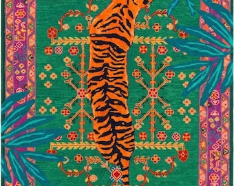 Hand Tufted Emerald Tiger Jungle Wool Rug Green Maximalist Area Rug Tropical Animal Print Rug Colorful Statement Rug for Living Room Bedroom