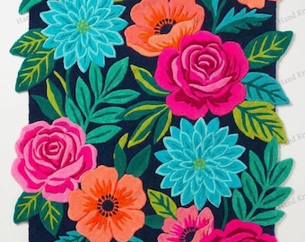 Hand Tufted Bold Floral Garden Wool Rug Pink Rose Botanical Area Rug Colorful Maximalist Statement Rug for Living Room Bedroom Nursery Rug