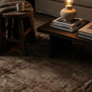 May include: A cozy living room scene featuring a dark brown rug, a wooden side table with a mug and blanket, and a coffee table with books and a lamp. The lamp has a beige base and a warm light bulb.