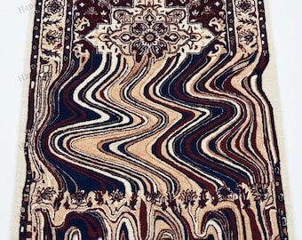 Modern Hand Tufted Wool Artistic Area Rug in Deep Navy Cream Ivory and Wine Red, Melted Pattern Inspired Designer Rug for Luxury Living Room