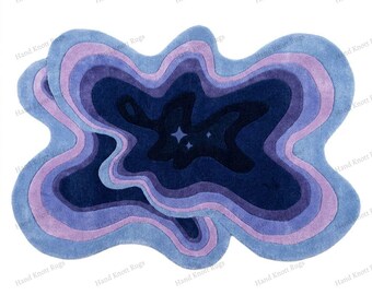 Hand Tufted Galaxy Inspired Abstract Wool Rug Lavender Blue Organic Shape Area Rug Celestial Modern Statement Rug for Bedroom Living Room
