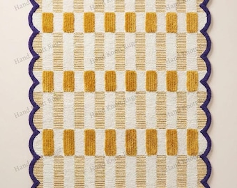 Mustard Gold Checkerboard Hand Tufted Wool Rug, Purple Scalloped Border Geometric Area Rug Playful Modern Designer Rug 3x5,4x6,5x8,8x10,9x12