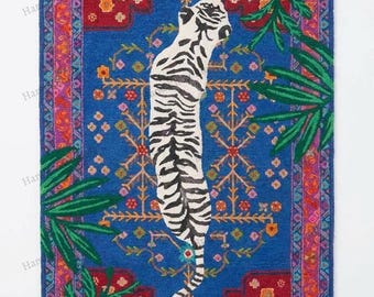 Hand Tufted Royal Blue Zebra Jungle Wool Rug Colorful Tropical Animal Print Area Rug Maximalist Statement Rug for Bedroom Living Room Decor
