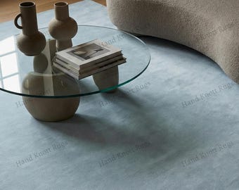 Hand Tufted Misted Slate Blue Wool Rug, Solid Plain Luxury Area Rug with Soft Plush Texture for Modern Living Room Bedroom Minimal Interiors