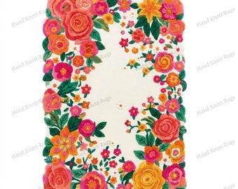 Hand Tufted Floral Border Wool Rug Colorful Garden Bloom Area Rug Feminine Botanical Statement Rug for Bedroom Nursery Living Room Decor Rug
