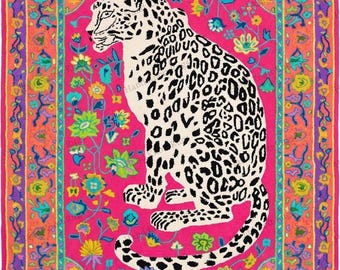 Hand Tufted Maximalist Leopard Floral Wool Rug Vibrant Pink Jungle Inspired Rug Colorful Statement Rug for Living Room Bedroom Decor Rug
