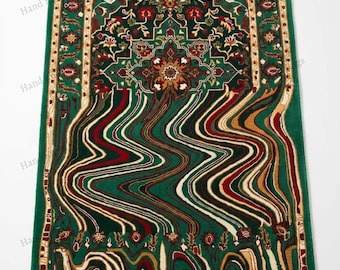 Hand Tufted Emerald Green Burgundy Wool Statement Rug with Distressed Melted Medallion Design, Artistic Luxury Area Rug for Modern Home Rug