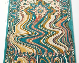Hand Tufted Wool Melted Persian Inspired Area Rug in Turquoise Blue Blush Pink Ivory Wave Pattern Handmade Rug for Living Room Bedroom Decor