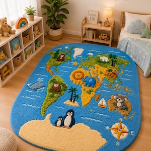 May include: An oval-shaped area rug featuring a colorful world map design. The rug displays textured continents in green and yellow, surrounded by a blue ocean. It includes various animal figures, a sailboat, and a compass rose with N, S, E, W.