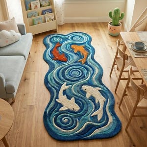 Pode incluir: Tapete decorativo com um design de peixes koi em tons de azul, laranja e branco. O tapete, colocado sobre um chão de madeira, retrata peixes nadando em um padrão de água. O tapete está em uma sala de estar, perto de um sofá e de uma mesa de jantar.