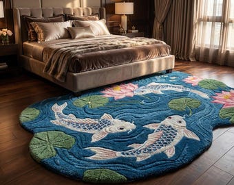 Hand-Tufted Wool Koi Fish Pond Rug, Japanese Zen Water Lily Design