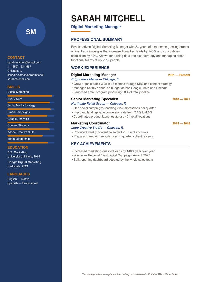 Professional Resume Template | Modern CV Template for Word, Editable ...