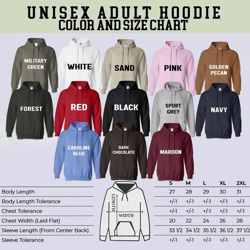 Pu&ograve; includere: Una tabella dei colori e delle taglie per una felpa con cappuccio unisex per adulti che mostra tredici felpe in vari colori, tra cui verde militare, bianco, sabbia, rosa, color pecan dorato, bosco, rosso, nero, grigio sport, blu navy, blu.