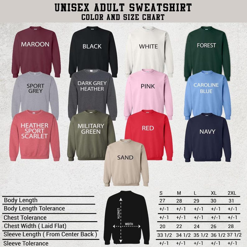 Pu&ograve; includere: Una tabella dei colori e delle taglie per felpe con tredici felpe girocollo in bordeaux, nero, bianco, verde bosco, grigio sport, grigio scuro m&eacute;lange, rosa, blu caroline, rosso scarlatto sport m&eacute;lange, verde militare, rosso, blu navy e sabbia.