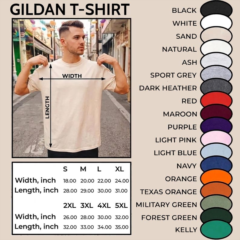 Pu&ograve; includere: Una tabella delle taglie per t-shirt Gildan che mostra una t-shirt beige a maniche corte e girocollo con frecce di misurazione. Una tabella elenca le taglie dalla S alla 5XL con larghezza e lunghezza in pollici. Una tavolozza mostra 17 colori.