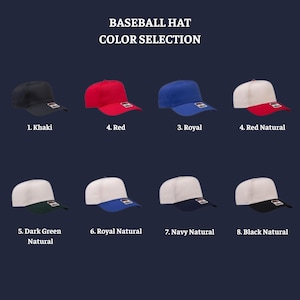 May include: A selection of baseball hats in various colors, including khaki, red, royal blue, and natural combinations. The image displays eight different hats, each with a unique color scheme, showcasing the "Baseball Hat Color Selection".