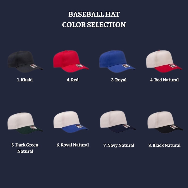 May include: A selection of baseball hats in various colors, including khaki, red, royal blue, and natural combinations. The image displays eight different hats, each with a unique color scheme, showcasing the "Baseball Hat Color Selection".