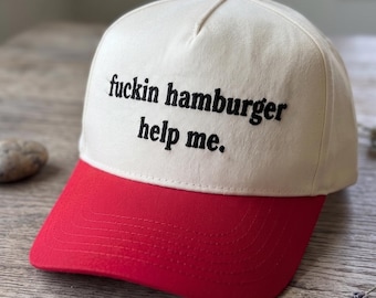 Funny Hamburger Help Me Hat, Red White Embroidered Trucker Cap, Adult Humor Baseball Hat, Sarcastic Food Quote Gift for Women Men