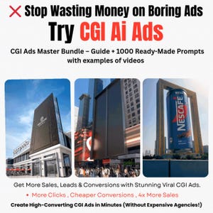以下が含まれることがあります： CGI Ai Adsの広告。画像には「Stop Wasting Money on Boring Ads, Try CGI Ai Ads」というテキストが表示されています。テキストの下には、CGI広告の3つの画像があります。この広告は、数分で高コンバージョンCGI広告の作成を支援することを約束しています。