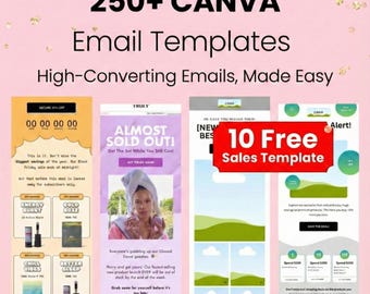 Könnte beinhalten: Rosa Hintergrund mit goldenem Konfetti und Text: "250+ CANVA Email Templates." Das Bild zeigt E-Mail-Vorlagen mit dem Text "High-Converting Emails, Made Easy." Enthält ein Banner "10 Free Sales Template" und Layoutbeispiele.