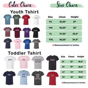 May include: A color chart and size chart for youth and toddler t-shirts. The color chart displays various t-shirt colors, including red, white, black, and blue. The size chart provides chest and height measurements in inches for different sizes.