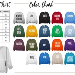 May include: A size and color chart for sweatshirts. The size chart lists sizes XS to 5XL with width and length measurements in inches. The color chart displays various sweatshirt colors, including Athletic Heather, Black, Cardinal Red, and Safety Green.