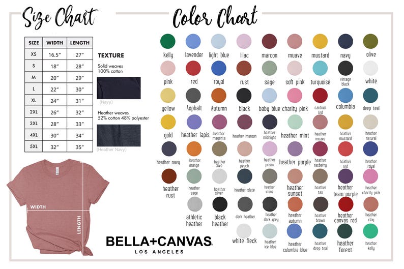 May include: A size and color chart for Bella+Canvas apparel. The size chart lists measurements in inches for sizes XS to 5XL. The color chart displays a wide range of colors, including Kelly green, lavender, and heather navy.