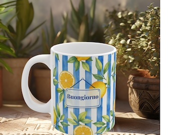 Buongiorno Tasse mit Zitronen, Italienische Sommer Tasse, Mediterrane Kaffeetasse, Amalfi Coast, Zitronen Becher, Italien Fan Geschenk