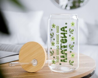 Hot Girls Drink Iced Matcha Glass Cup, Cute Matcha Girlie Tumbler, Coquette Matcha Lover Cup With Lid and Straw, Trendy Green Aesthetic Gift