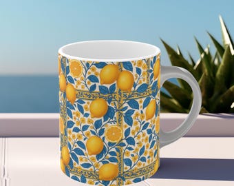 Mediterrane Zitronen Tasse, Italienische Keramik Optik, Amalfi Coast Becher, Sommer Tasse mit Zitronen, Geschenk für Italien Fans, Lemon Mug