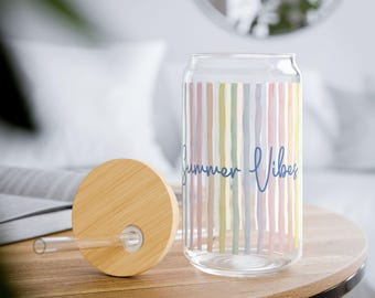 Pastel Summer Vibes Sipper Glass | Cute Striped Iced Coffee Cup | Coquette Glass Can | Preppy Summer Cup with Lid and Straw