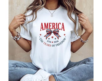 America 250 Years of Freedom Shirt | Patriotic Bow Tee | Fourth of July Shirt Women | USA Independence Day 2026
