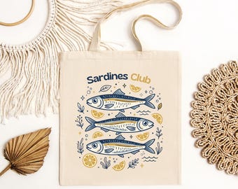 Sardines Club Tote Bag, Mediterranean Summer Bag, Amalfi Coast Tote, Coastal Aesthetic Market Bag, Tinned Fish Gift, Lemon Sardine Tote
