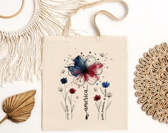 Patriotic Floral Tote Bag | 4th of July Tote | America Flower Bag | USA Market Bag | Independence Day Gift