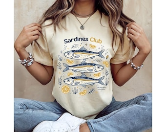Sardines Club Shirt, Mediterranean Summer Tee, Coastal Summer T Shirt, Amalfi Coast Aesthetic, Tinned Fish Shirt, Lemon Sardine Graphic Tee
