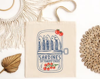 Sardines Tote Bag, Coastal Market Bag, Tomato Girl Summer Tote, Mediterranean Grocery Bag, Portuguese Sardine Canvas Tote