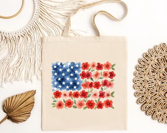 Patriotic Floral Tote Bag | USA Flower Bag | Americana Market Tote | 4th of July Tote | Reusable Gift Bag