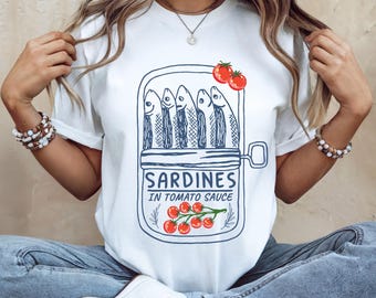 Sardines in Tomato Sauce, Coastal Summer Tee, Mediterranean Food Lover T Shirt, Tomato Girl Summer Shirt, Portuguese Sardine Graphic Tee