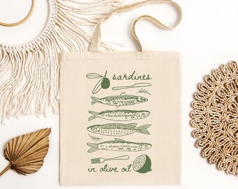 Sardines Tote Bag Olive Oil Aesthetic Mediterranean Market Bag Coastal Grandma Italian Summer Grocery Bag