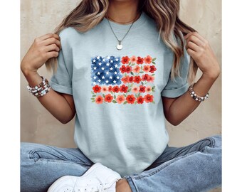 Patriotic Floral Flag Shirt | 4th of July Shirt Women | USA Flower Tee | Americana Shirt | Independence Day Tee