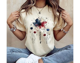 Patriotic Floral Shirt | America Flower Tee | 4th of July Shirt Women | USA Independence Day Shirt | Summer Tee